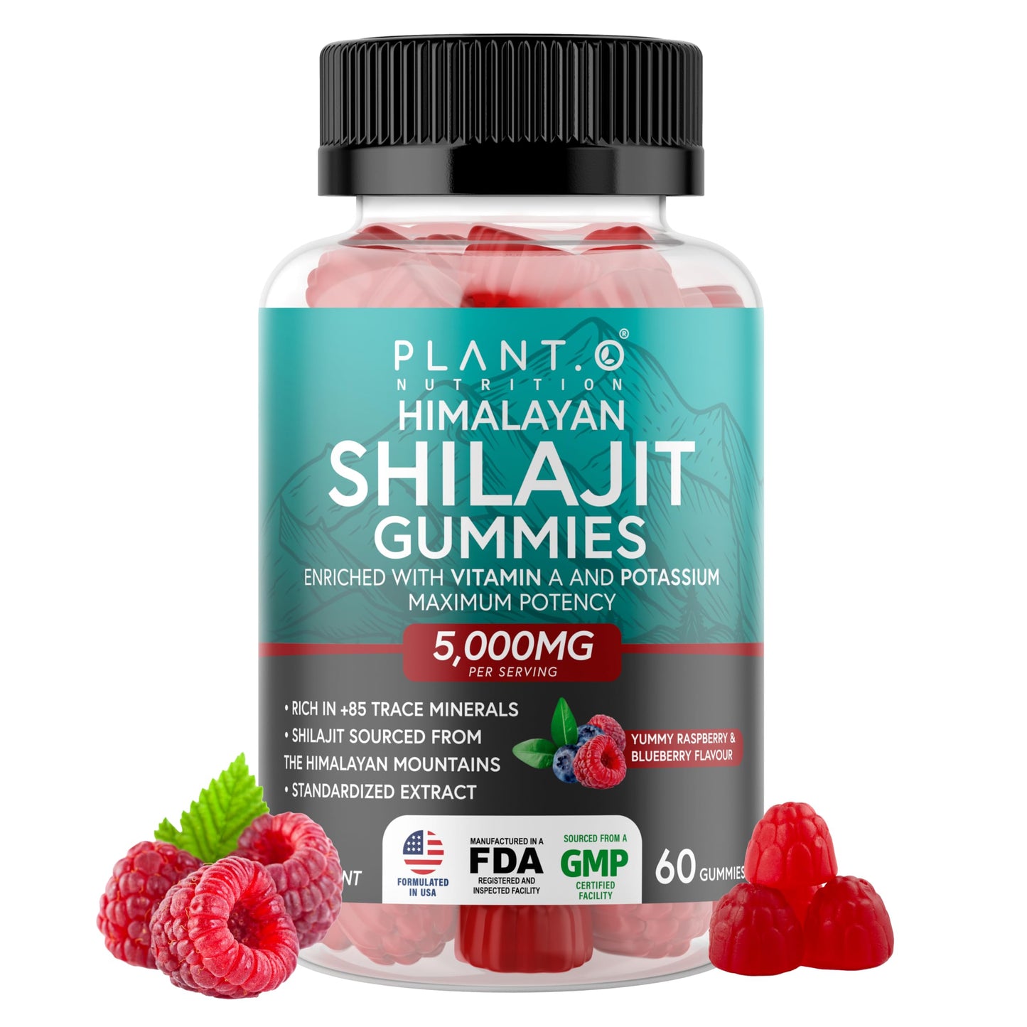 Shilajit Gummies 5000mg – Raspberry Flavor | 60 Count | 85+ Minerals & Fulvic Acid
