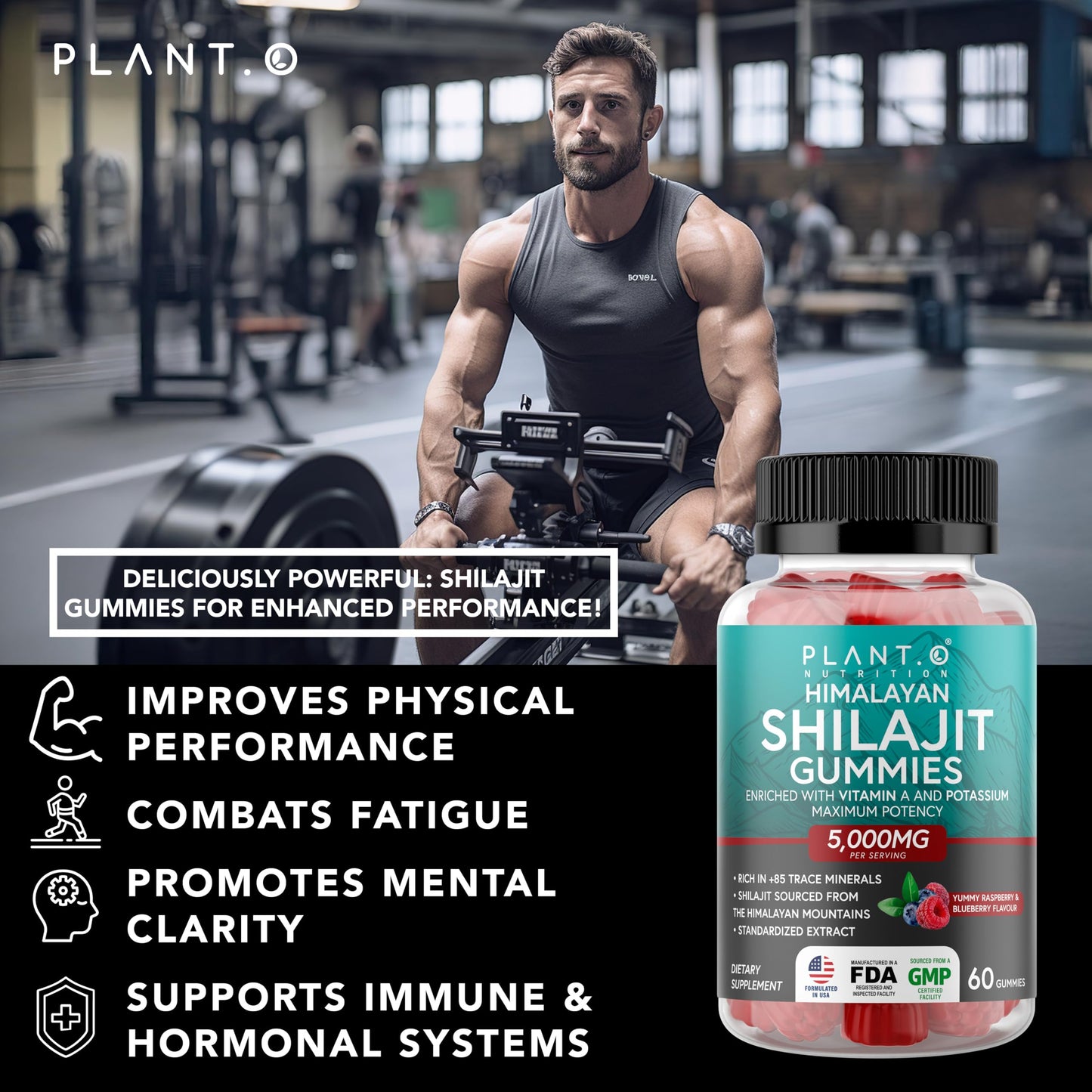 Shilajit Gummies 5000mg – Raspberry Flavor | 60 Count | 85+ Minerals & Fulvic Acid