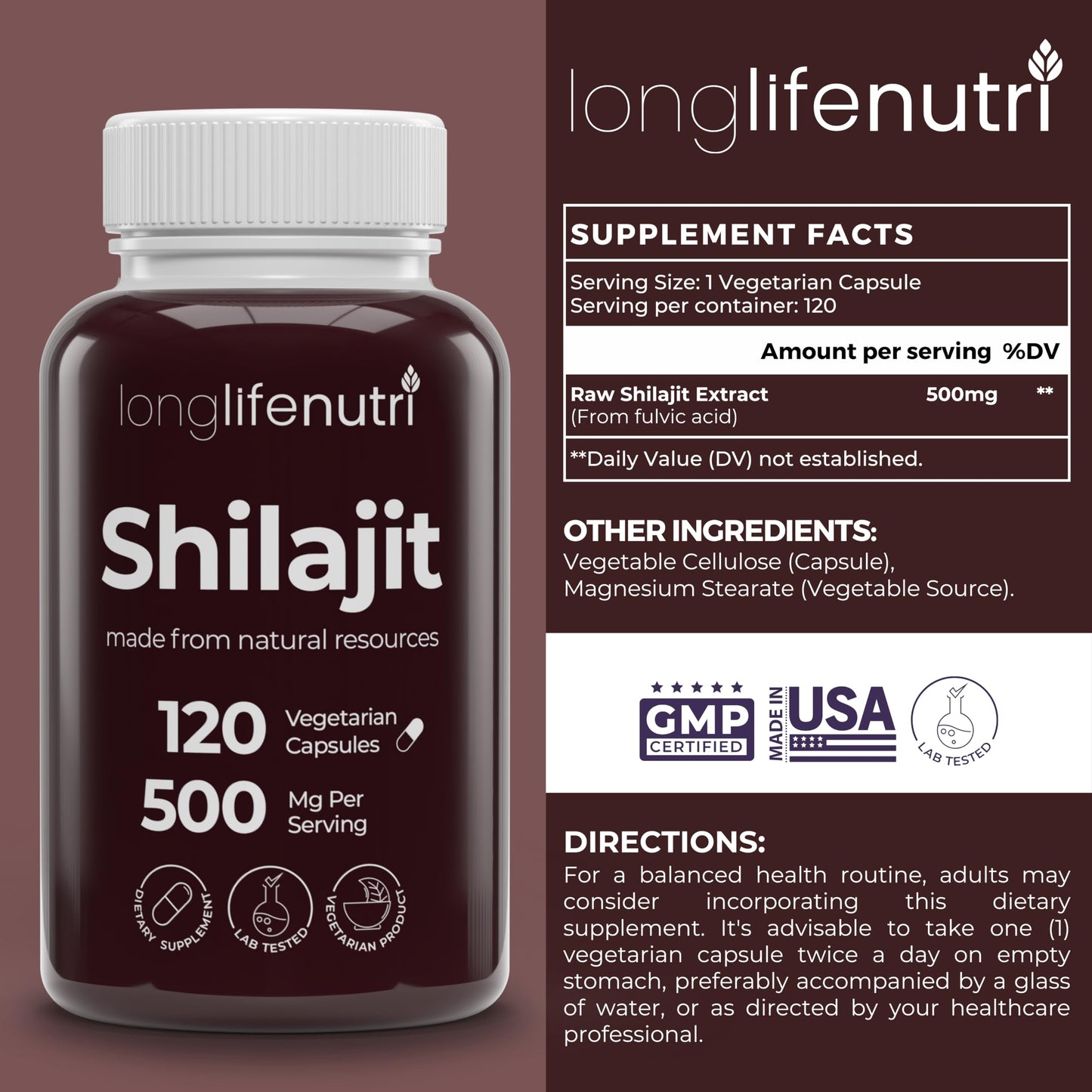 Shilajit Pure Himalayan Extract 500mg | 15% Fulvic Acid, 120 Vegetarian Capsules