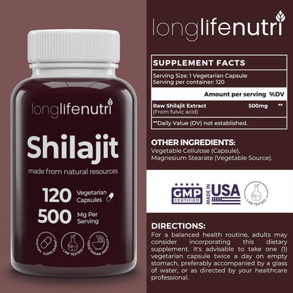 Shilajit Pure Himalayan Extract 500mg | 15% Fulvic Acid, 120 Vegetarian Capsules