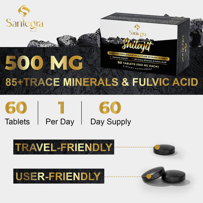 Santegra 30,000 mg Shilajit Tablets – 100% Pure Himalayan Shilajit Resin, Fulvic Acid & 85+ Minerals, 480 Count