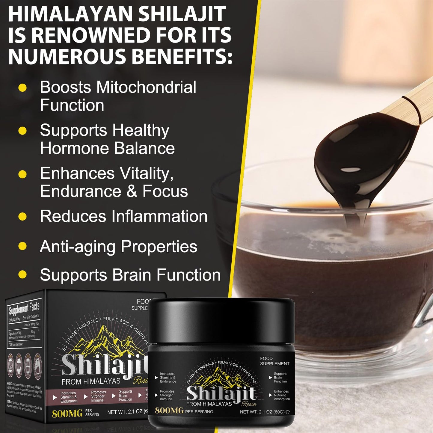 Shilajit Pure Himalayan Organic Resin - 800mg Gold Grade | 85+ Fulvic Acid & Trace Minerals