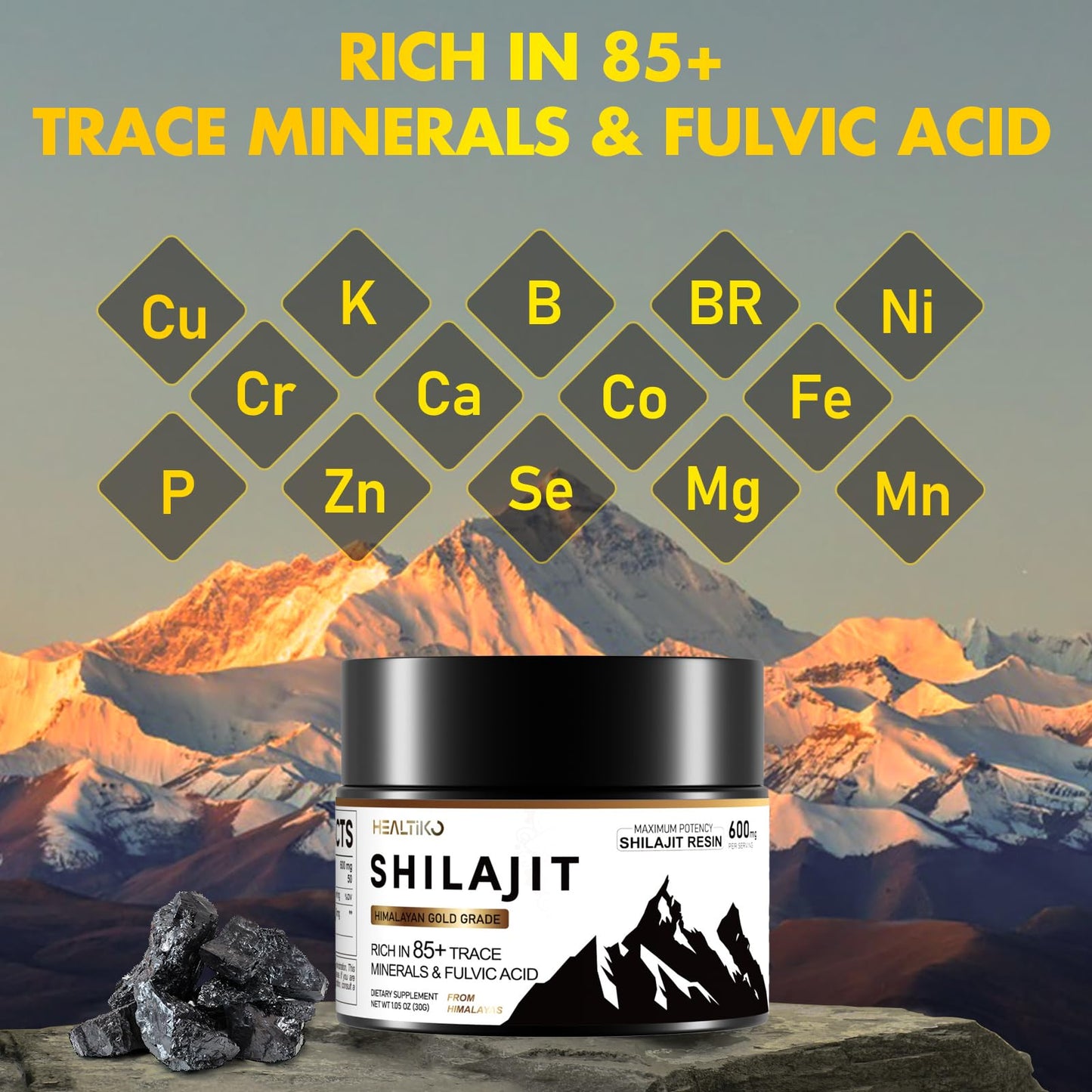 Shilajit Resin Organic – 600mg Gold Grade, 100 Servings, 85+ Minerals & Fulvic Acid