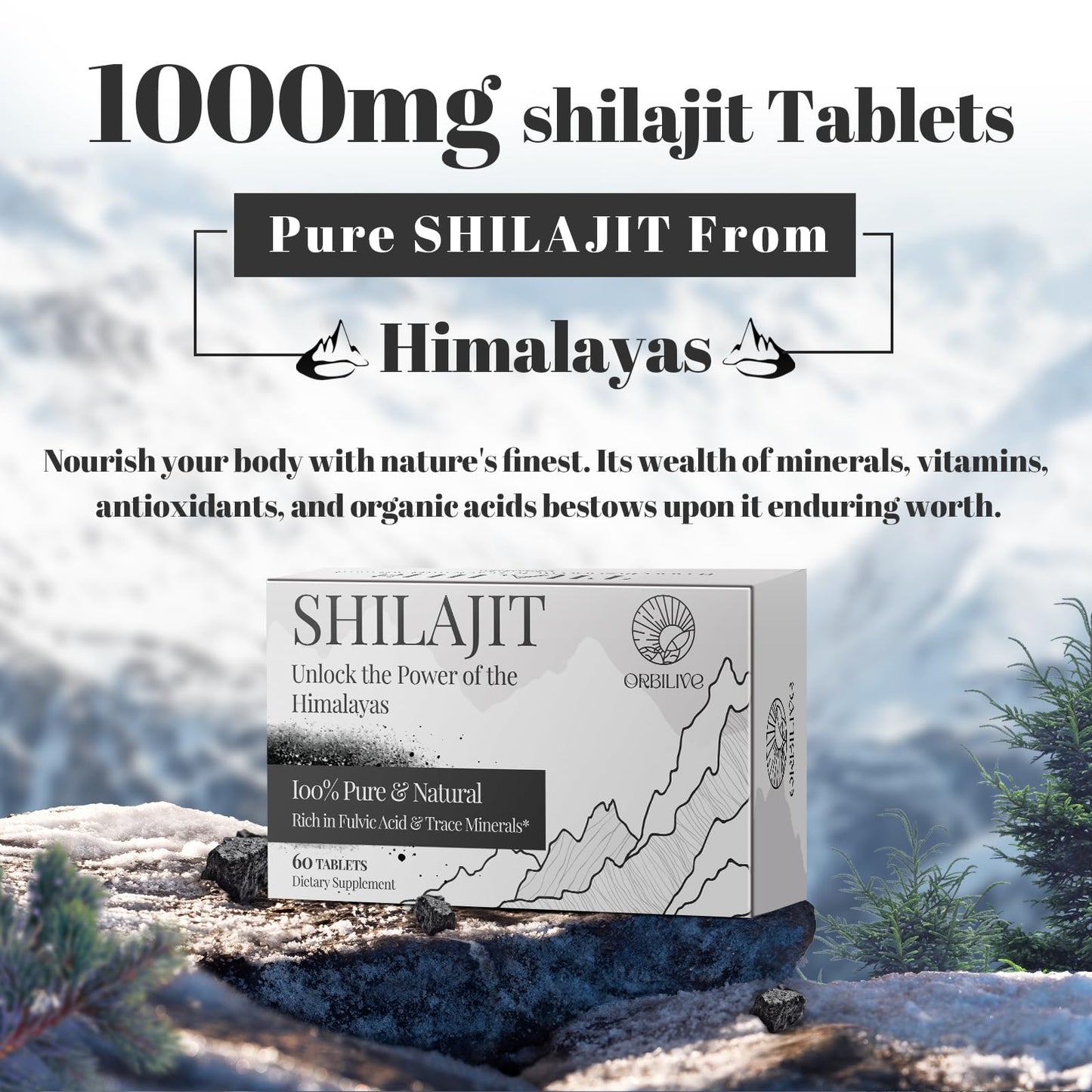 ORBILIVE Shilajit Tablets 1000 MG — Himalayan Organic, 180 Count