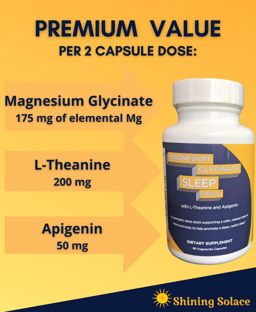 Shining Solace Magnesium Glycinate Sleep Stack with 200 mg L-Theanine, 50 mg Apigenin, 175 mg of Elemental Magnesium Glycinate | Sleep Support Magnesium Supplement | Made in USA