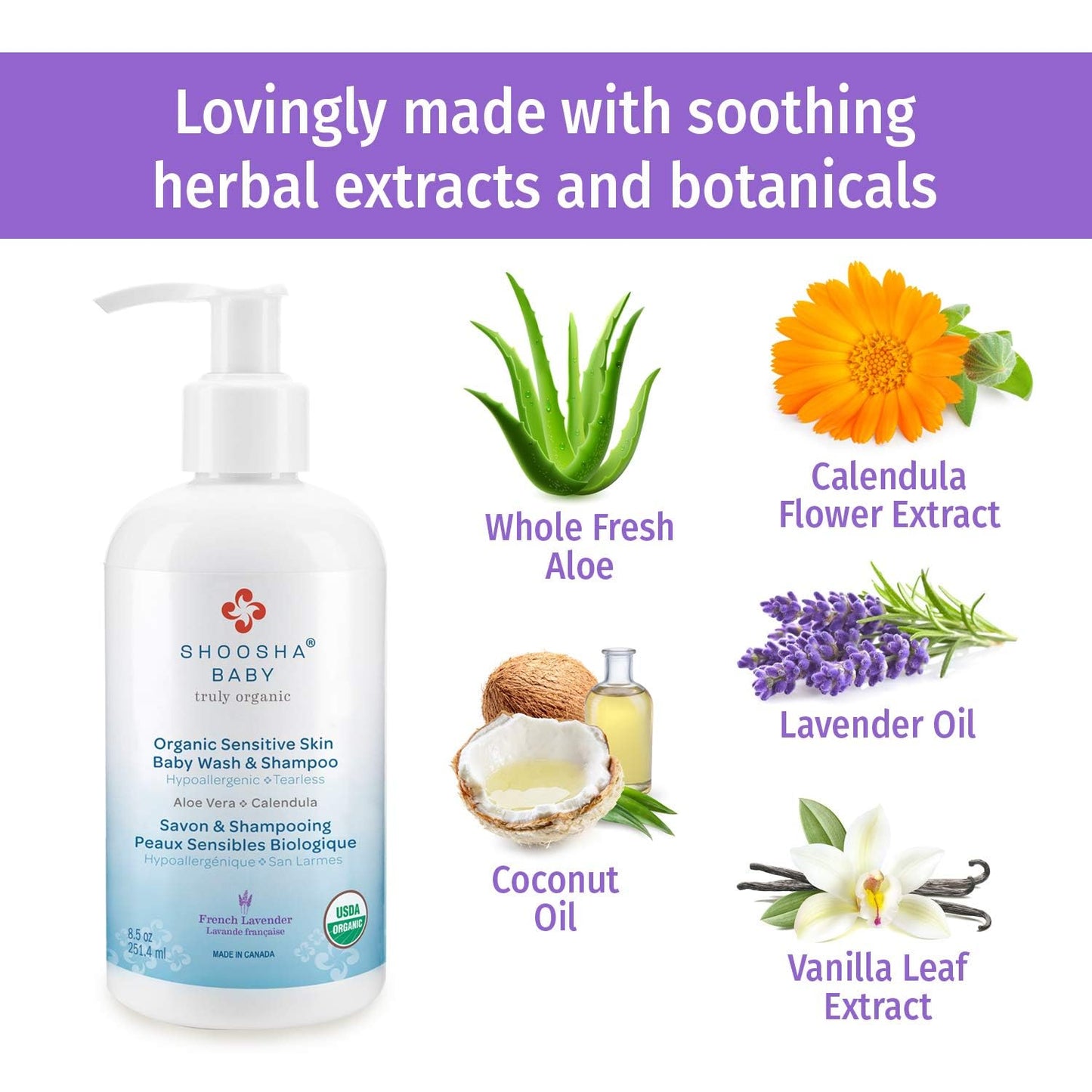 Shoosha Organic Sensitive Skin Baby Body Wash and Shampoo - 8.5oz, Hypoallergenic, Tear Free