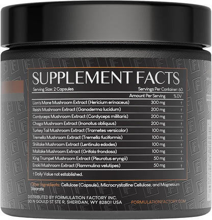 Formulation Factory Shroom Vroom: 10-in-1 Mushroom Supplement with Lion’s Mane & Reishi – 240 Count (Pack of 2)