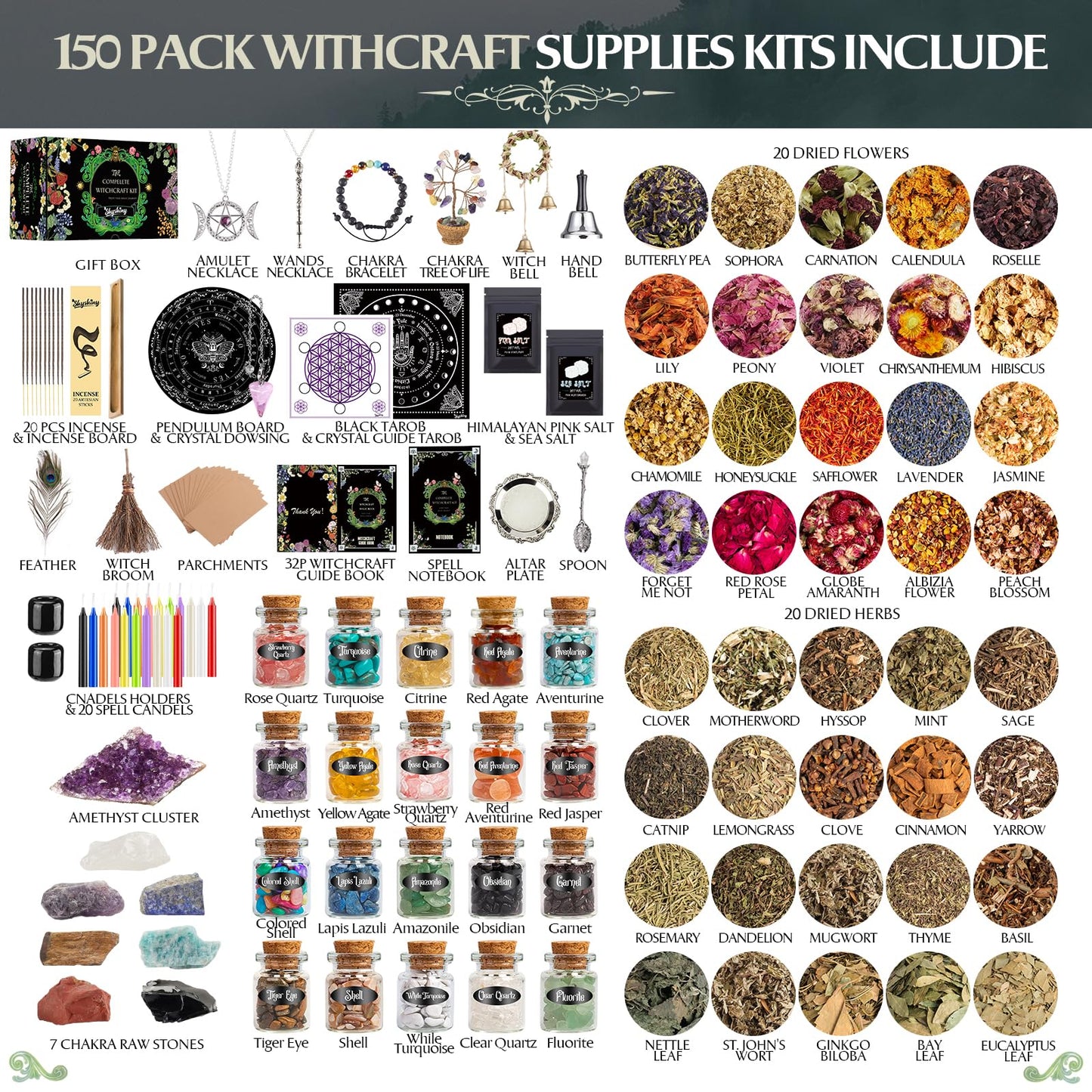 SHYSHINY Witchcraft Supplies Kit – 150-Pack Wiccan Tools, Dried Herbs & Crystals