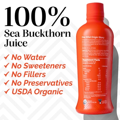 sibu Omega-7 Pure Sea Buckthorn Juice — 32 oz USDA Organic, 721 mg Omega-7 per oz