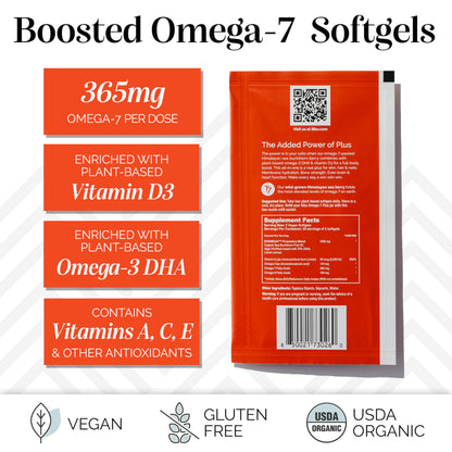 Sibu Sea Buckthorn Omega-7 Plus Softgels – 365mg Omega-7 + Vitamin D3 & Omega-3 DHA (30 Day Refill Sachet)