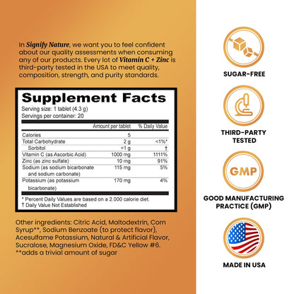 Signify Nature Vitamin C 1000mg Effervescent Tablets with Zinc - Sugar-Free & Vegan - 20 Count