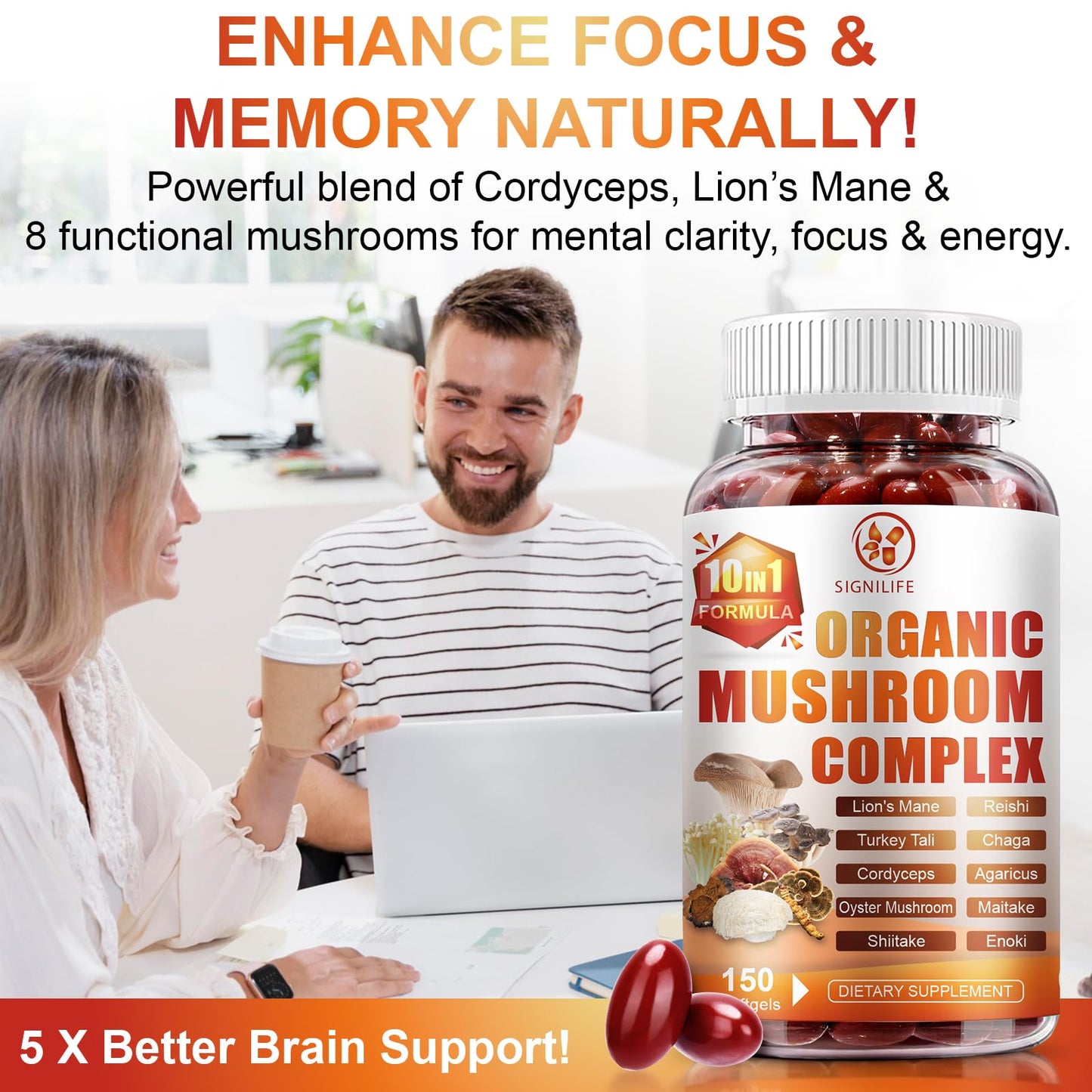 SIGNILIFE 10 in 1 Lion's Mane Mushroom Supplement – Memory & Focus – 150 Softgels
