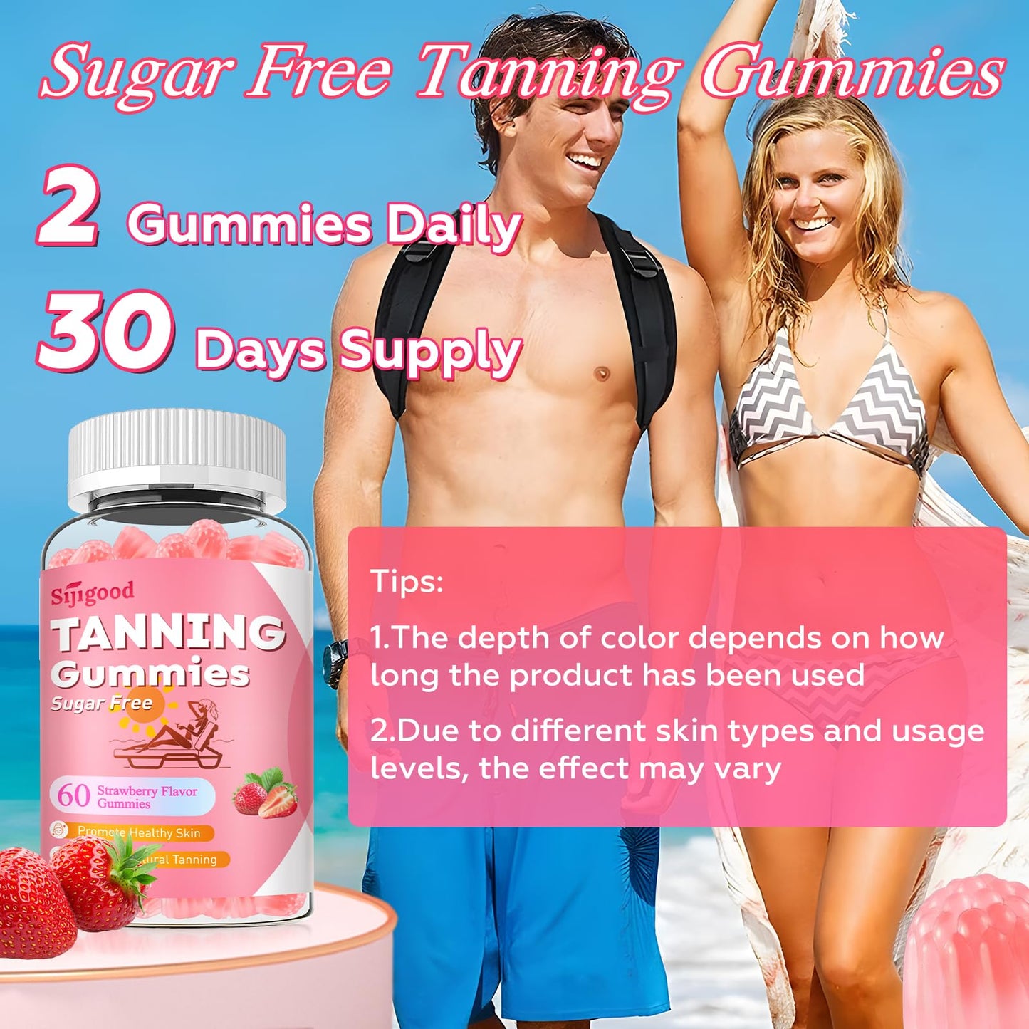 SijiGood 2 Pack Tanning Gummies – Sugar Free Self Tan, Strawberry, 120 Count