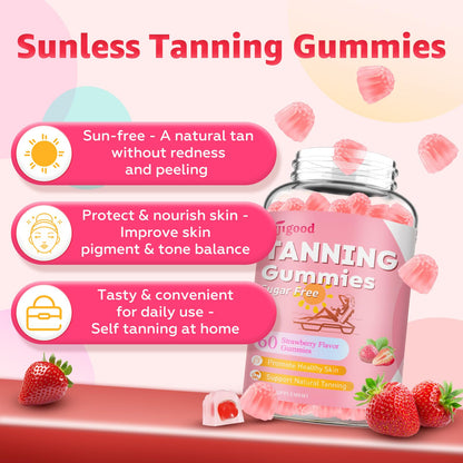 SijiGood Tanning Gummies - Sugar Free Self Tanning for Women & Men, Strawberry Flavor (60 Count)
