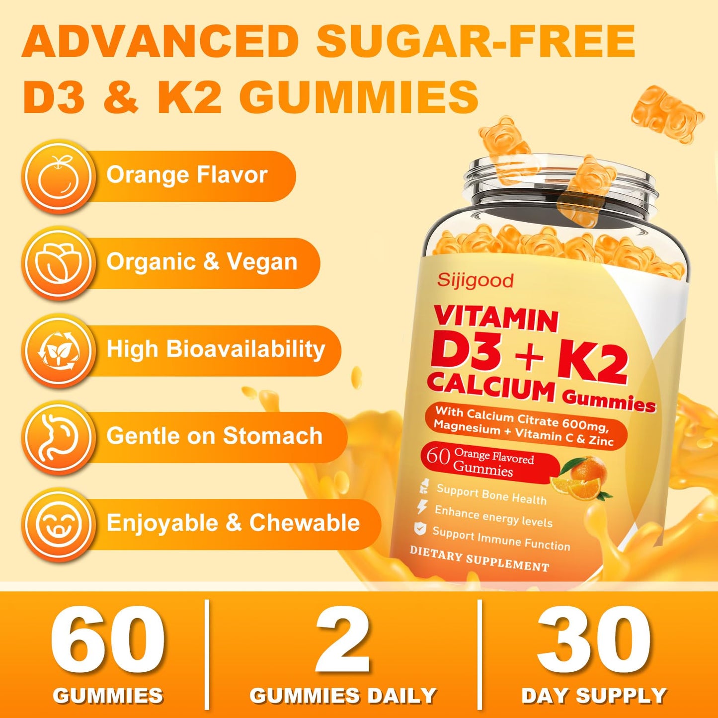 Sijigood Vitamin D3 K2 Gummies – 10000IU D3, 200mcg K2, 6-in-1 (60 Count)