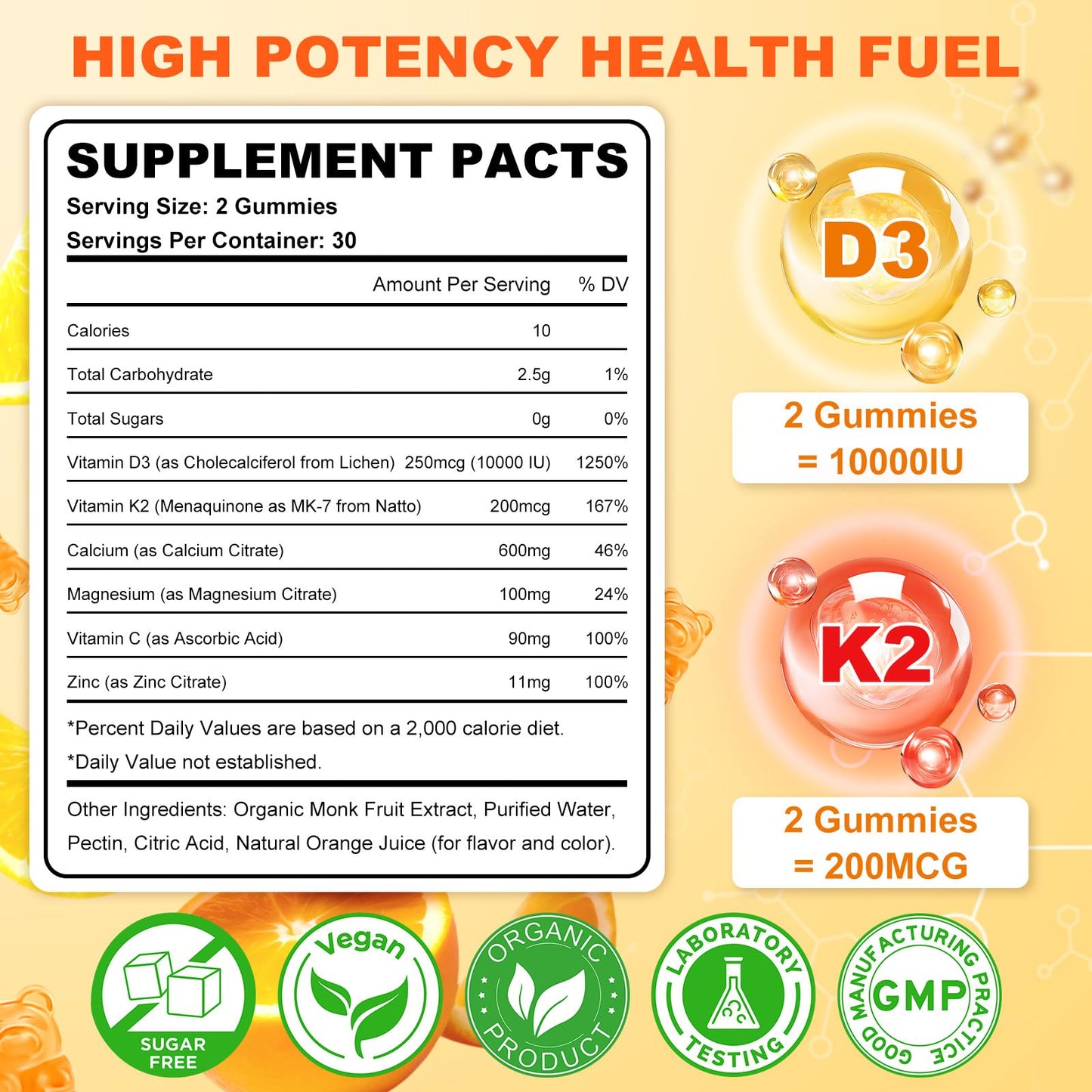 Sijigood Vitamin D3 K2 Gummies – 10000IU D3, 200mcg K2, 6-in-1 (60 Count)
