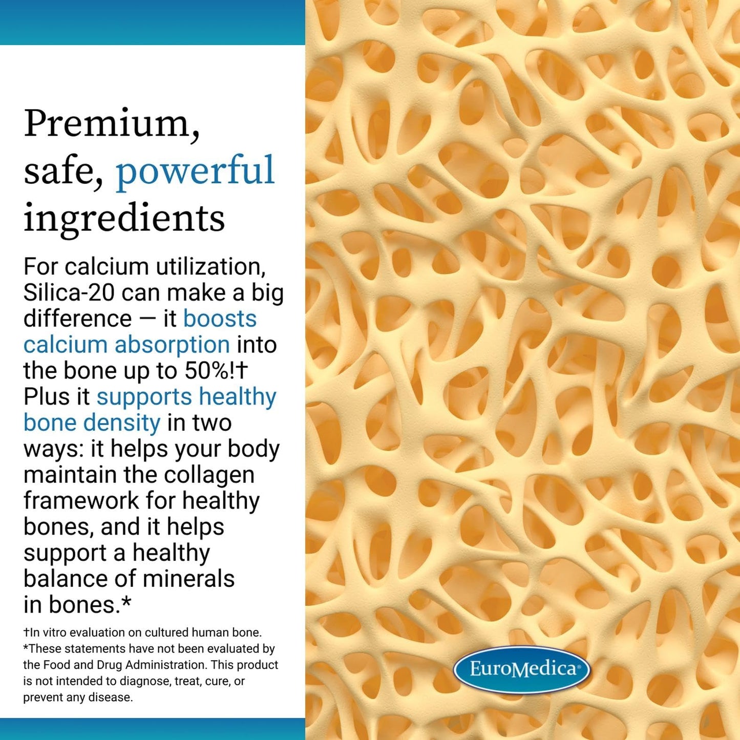 EuroMedica Silica-20 – Supports Bone Density, Collagen, Hair & Nails – 60 Tablets