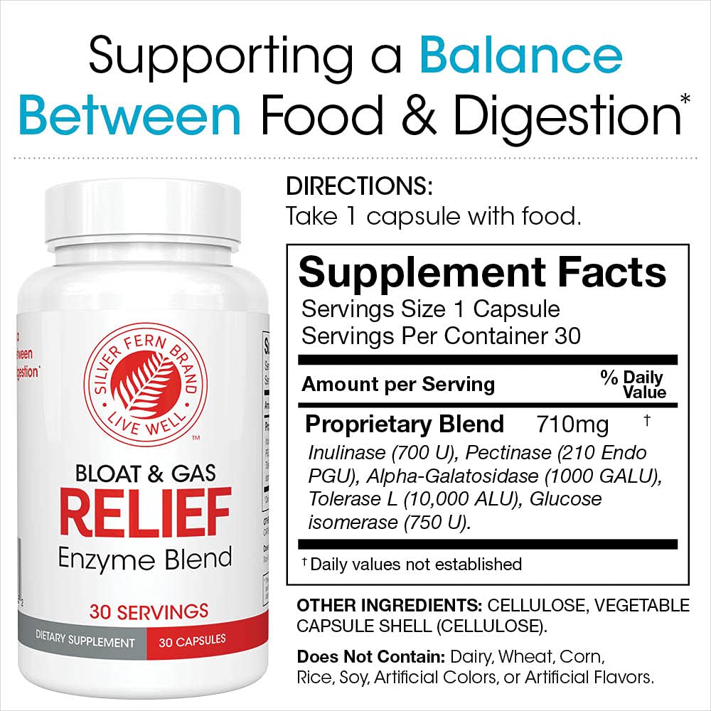 Silver Fern Bloat & Gas Relief Digestive Enzyme Blend - 60 Servings (2 Bottles) with Tolerase L & Pectinase