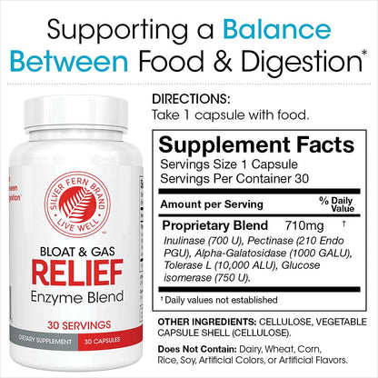 Silver Fern Bloat & Gas Relief Digestive Enzyme Blend - 60 Servings (2 Bottles) with Tolerase L & Pectinase