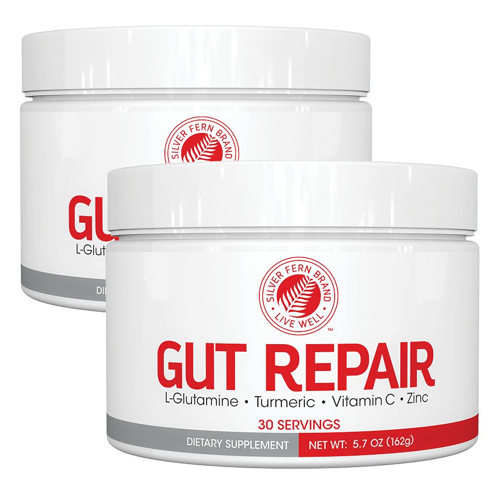 Silver Fern Gut Repair | Digestive Health Supplement Powder – L-Glutamine, Curcumin, Zinc & Ascorbic Acid (2 Tubs, 60 Servings)