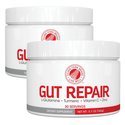 Silver Fern Gut Repair | Digestive Health Supplement Powder – L-Glutamine, Curcumin, Zinc & Ascorbic Acid (2 Tubs, 60 Servings)