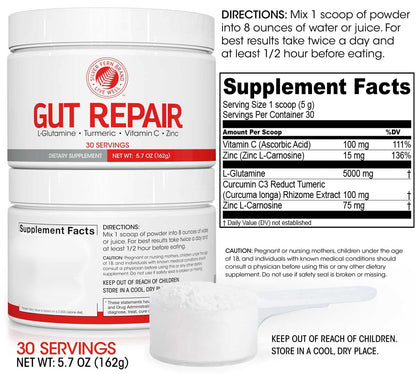 Silver Fern Gut Repair | Digestive Health Supplement Powder – L-Glutamine, Curcumin, Zinc & Ascorbic Acid (2 Tubs, 60 Servings)