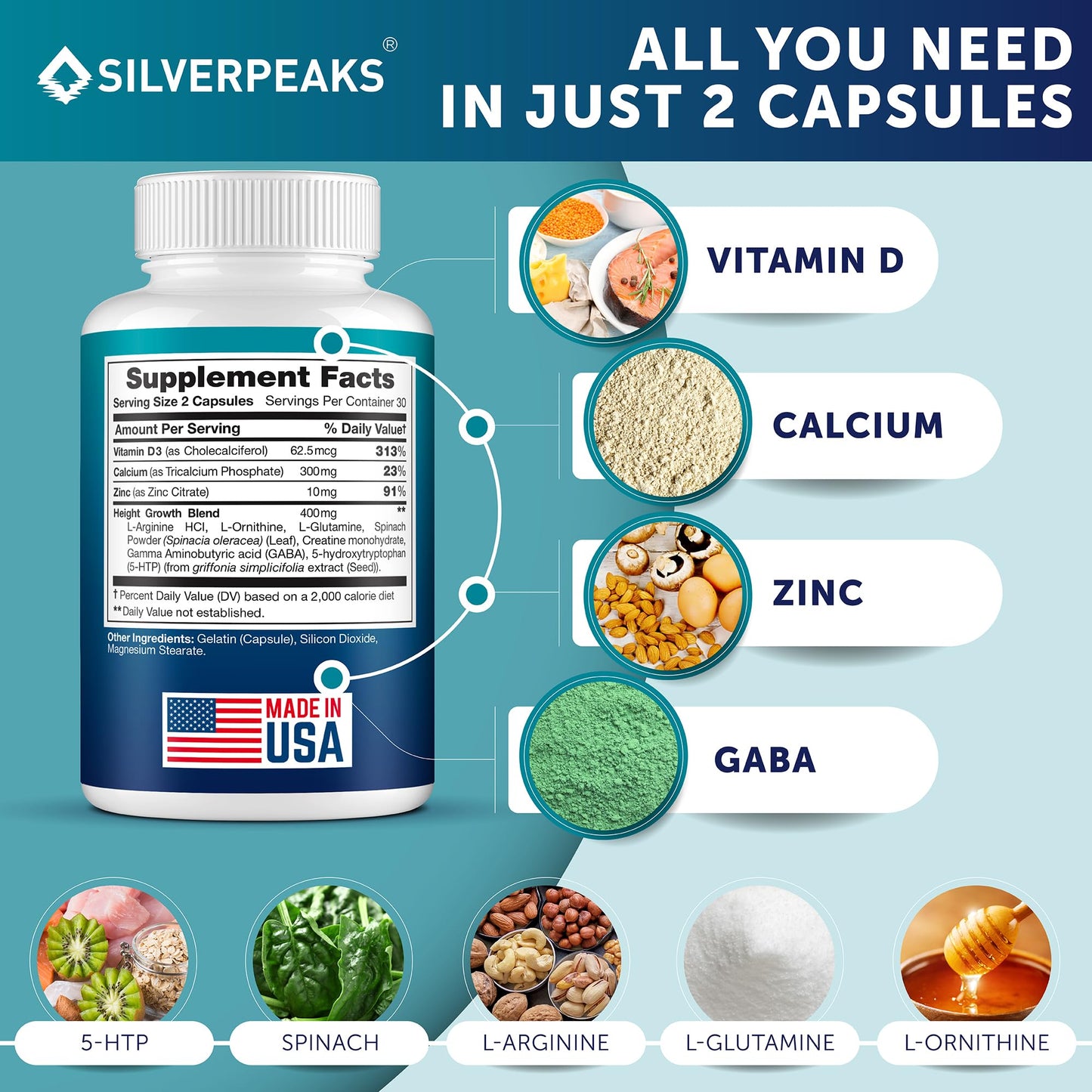 SILVERPEAKS Growth Capsules – Height Growth Maximizer with Calcium | Made in USA