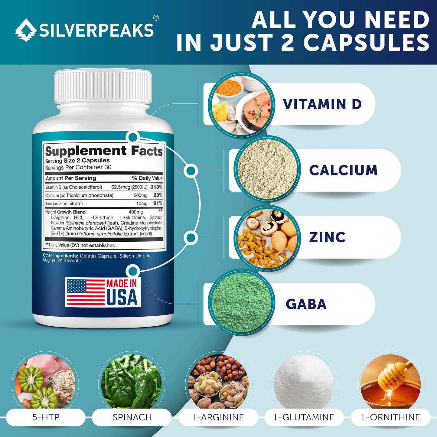 Silverpeaks Growth Capsules - Height Growth Maximizer with Calcium | Made in USA