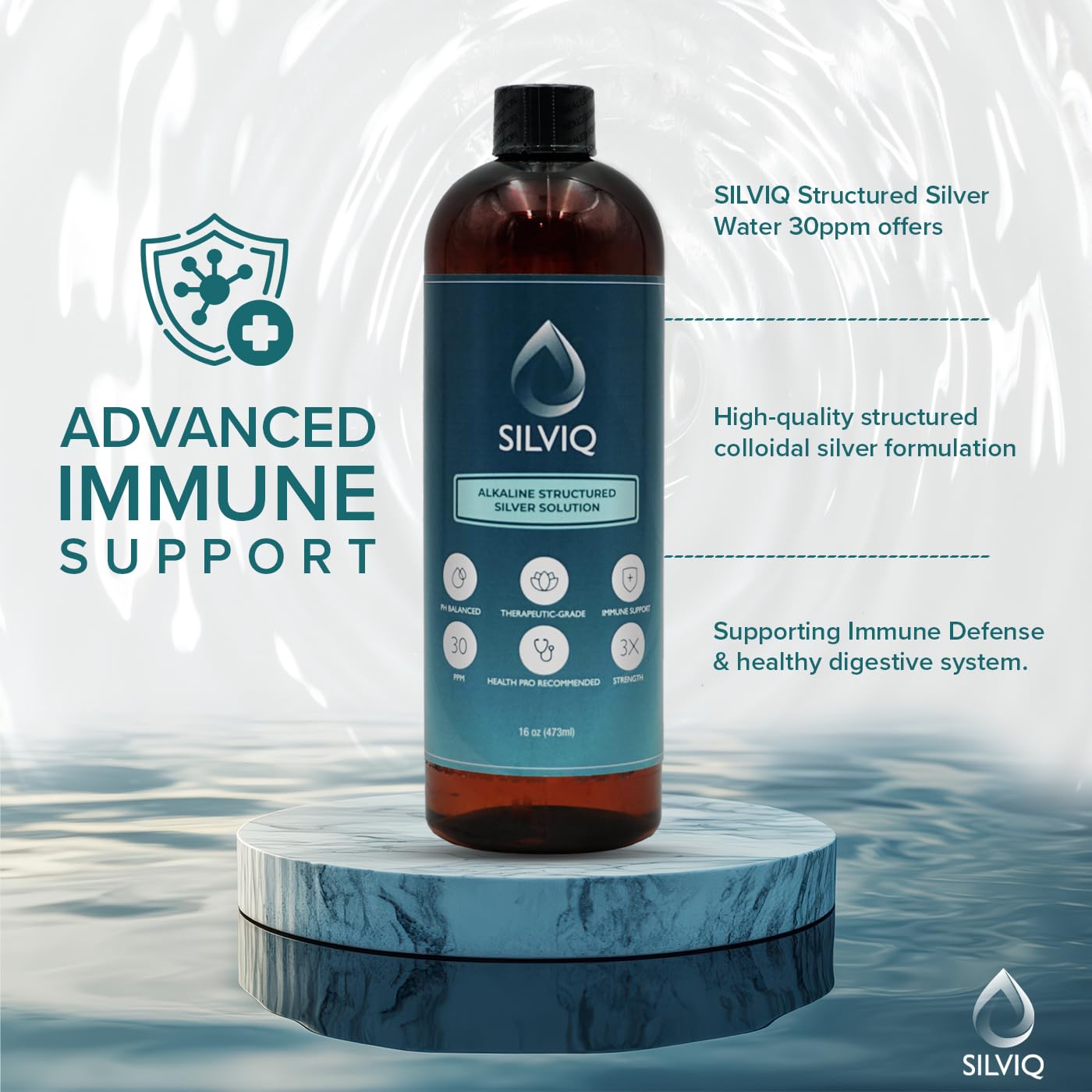 SILVIQ Structured Silver Water 30ppm – Immune Support, Alkaline Silver Liquid 16 oz (437 ml)