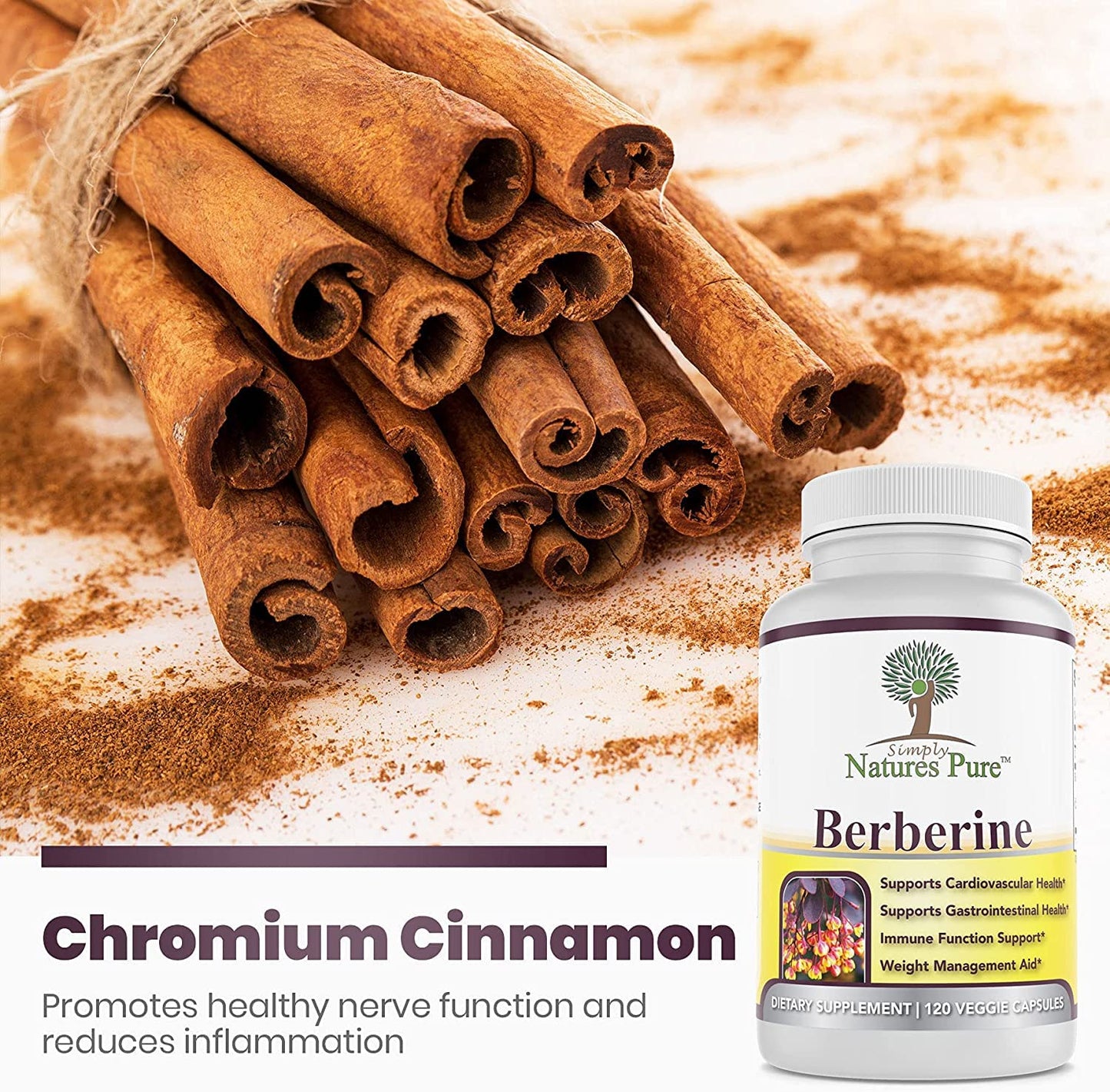 Simply Natures Pure Premium Berberine HCl 500mg - 120 Capsules - Cardiovascular GI Immune Support - Chromium Cinnamon (Pack of 3)