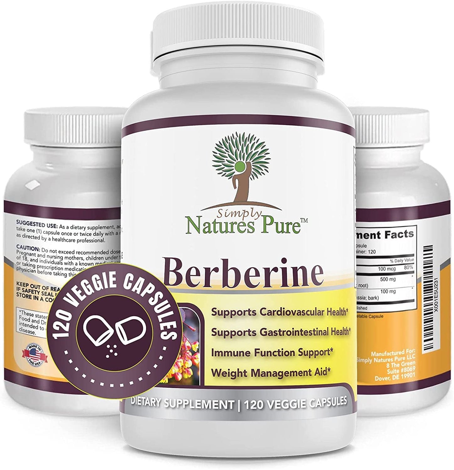 Simply Natures Pure Premium Berberine HCl 500mg - 120 Capsules - Cardiovascular GI Immune Support - Chromium Cinnamon (Pack of 3)