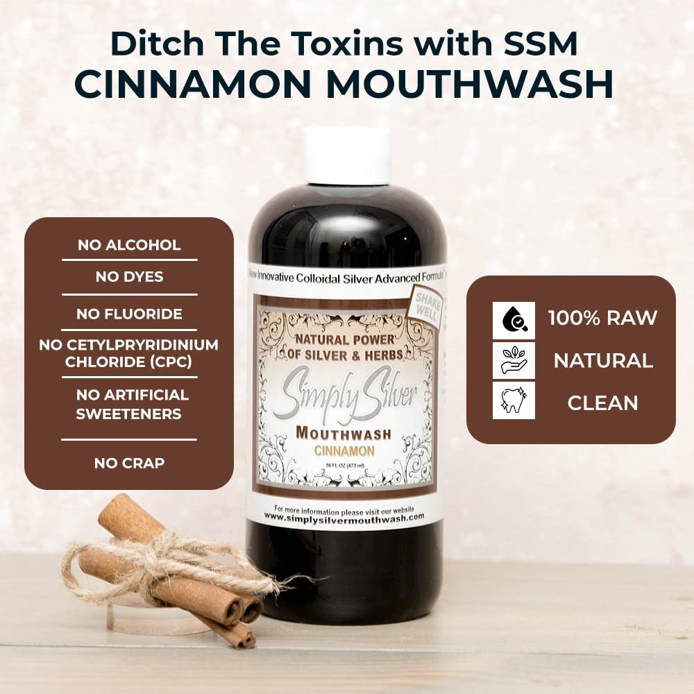 Simply Silver Mouthwash Cinnamon Flavor - All-Natural Colloidal Silver, Patent Pending, Alcohol & Fluoride Free, 16 oz