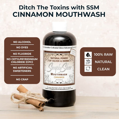 Simply Silver Mouthwash Cinnamon Flavor - All-Natural Colloidal Silver, Patent Pending, Alcohol & Fluoride Free, 16 oz