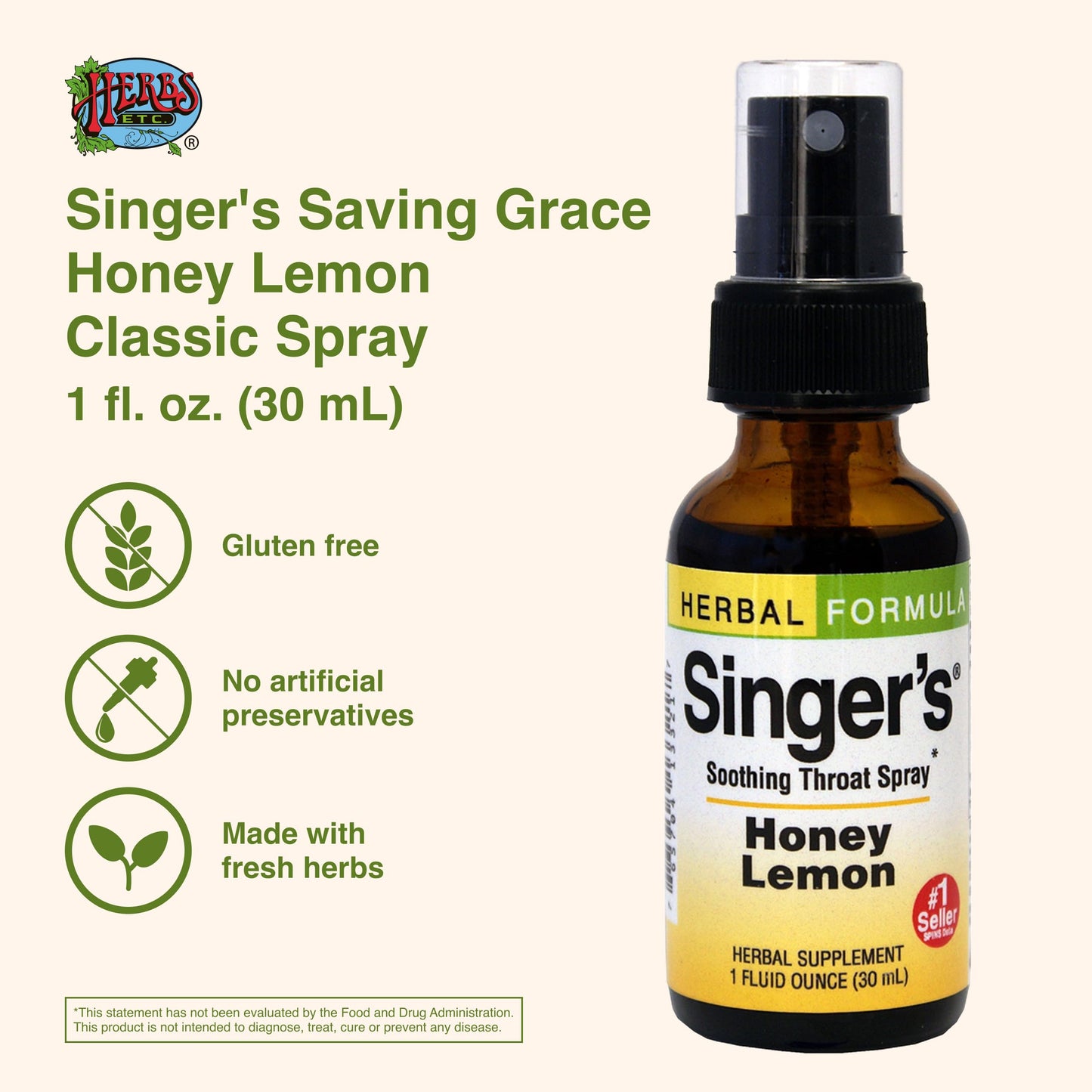 Herbs Etc. Singer's Saving Grace Honey Lemon – Herbal Throat Spray (1 oz)
