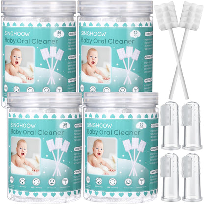 Singhoow 200Pcs Baby Tongue Cleaners + 4 Finger Toothbrushes - Disposable Gauze (Blue)