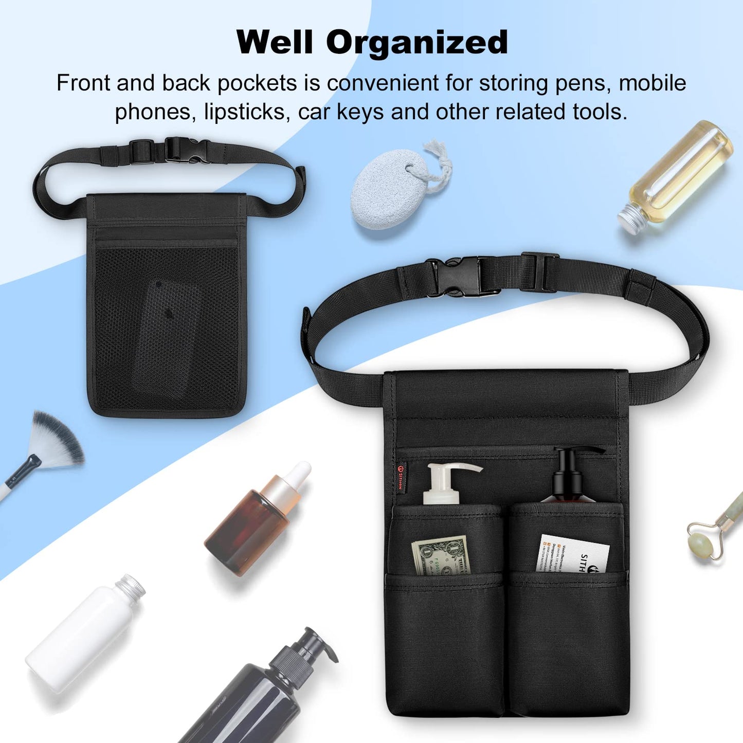 SITHON Massage Bottle Bag, Professional Massage Therapist Holster for 2 Bottles, Lotion Oil Waist Holder Organizer with Adjustable Belt, Multiple Pockets (Bag Only) (Black)