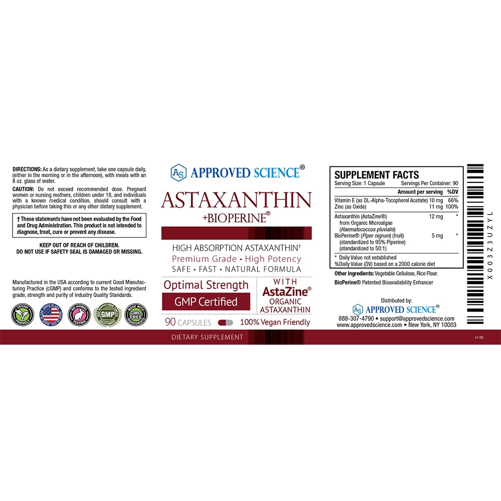 Approved Science Astaxanthin 12 mg - Extra Strength Antioxidant | 180 Vegan Capsules