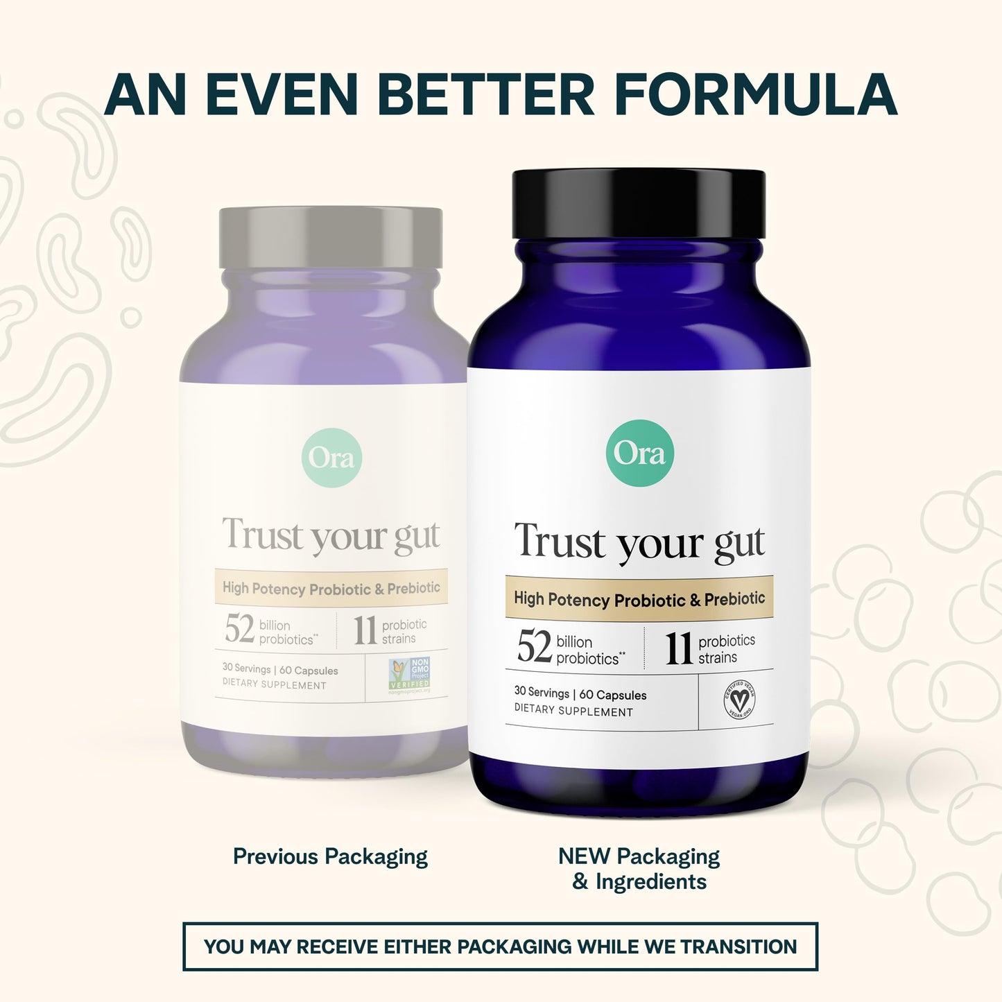 Ora Organic Probiotics with Prebiotics — 52 Billion CFU, 11 Strains, Gluten Free, 60 Capsules