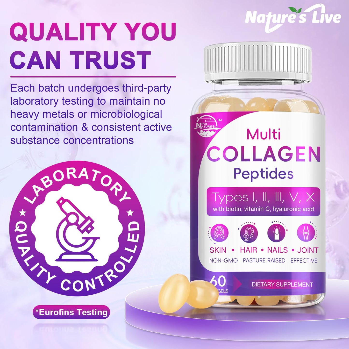 Multi Collagen Peptides Softgels (Type I-X) with Biotin, Vitamin C & Hyaluronic Acid | Grass-Fed, Non-GMO | 60 Softgels, 2-Pack