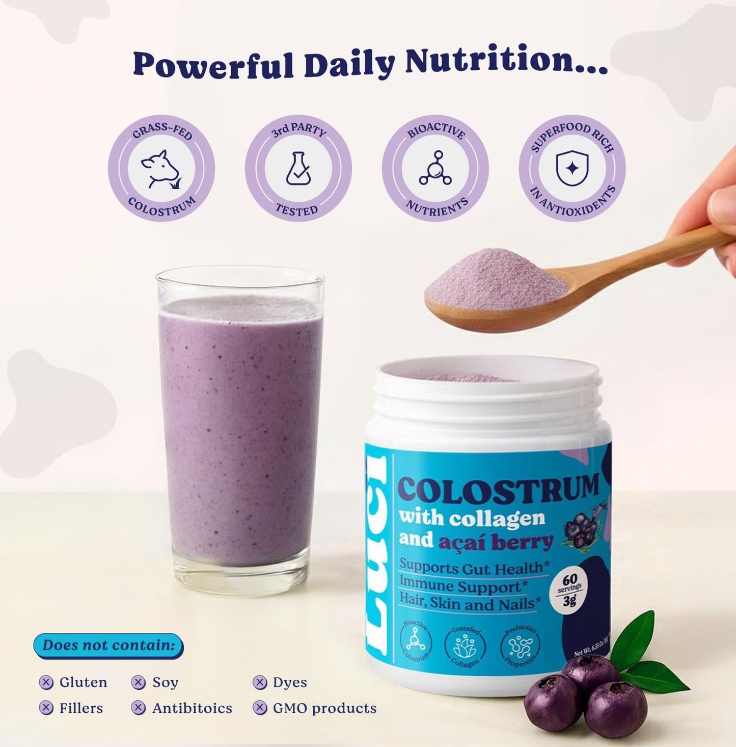 LUCI Colostrum, Collagen & Acai Powder | Gut Health, Immunity, Skin