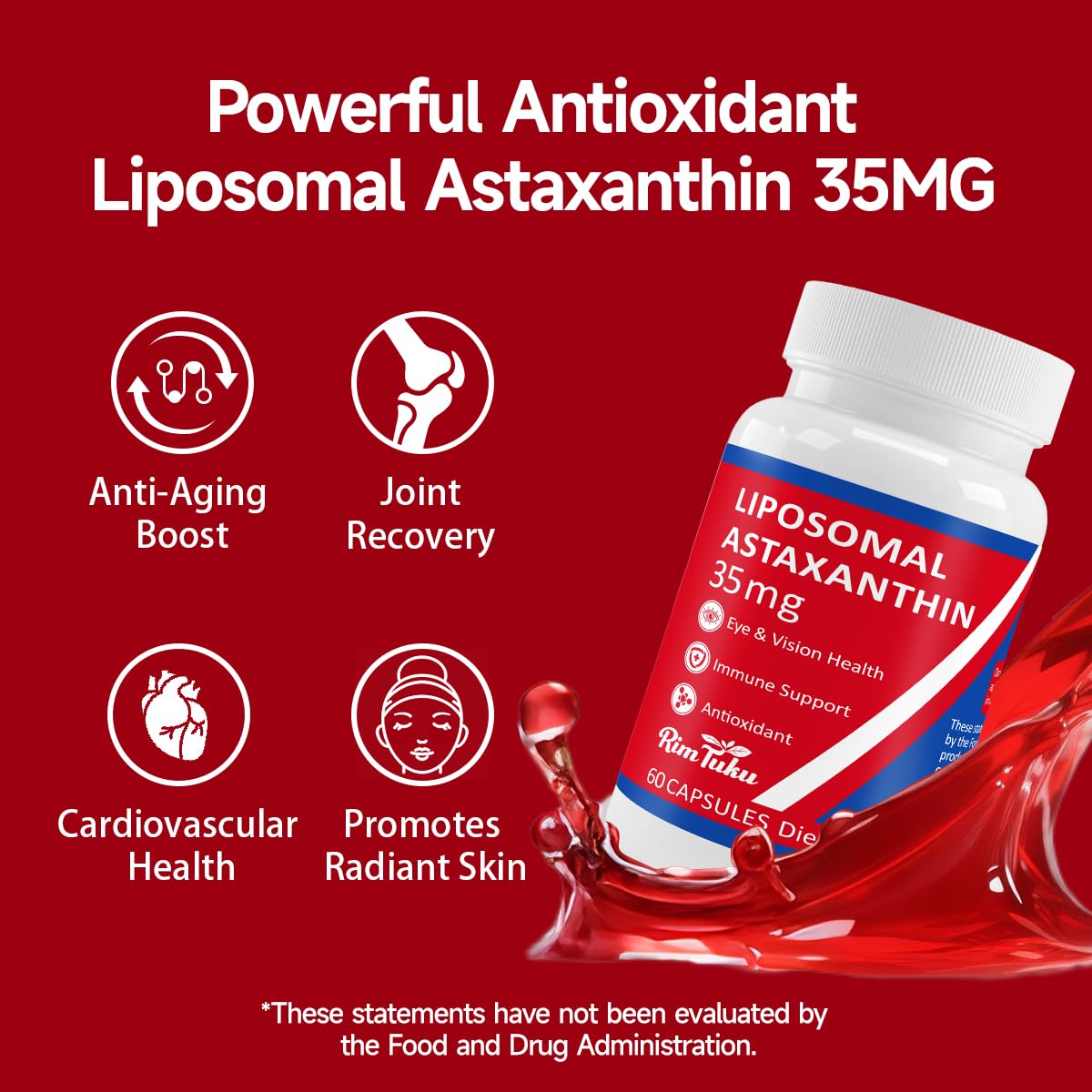 35mg Liposomal Astaxanthin Supplement – Vegan, Non-GMO, 120 Caps