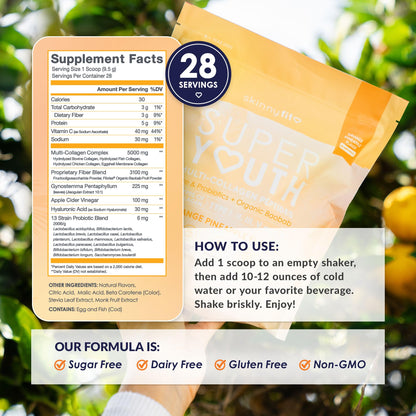 SkinnyFit Super Youth Collagen for Women - Multi-Collagen Peptides Powder with Probiotics, Fiber & Hyaluronic Acid | Orange Pineapple, 28 Servings