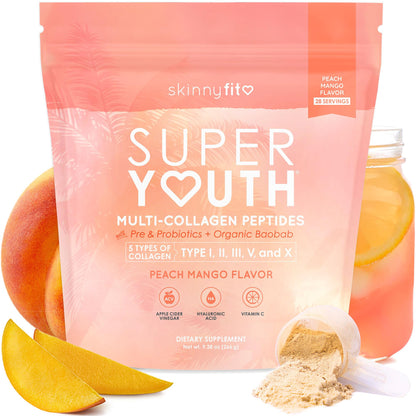 SkinnyFit Super Youth Collagen for Women - Peach Mango, 28 Servings | Multi-Collagen, Probiotics & Hyaluronic Acid