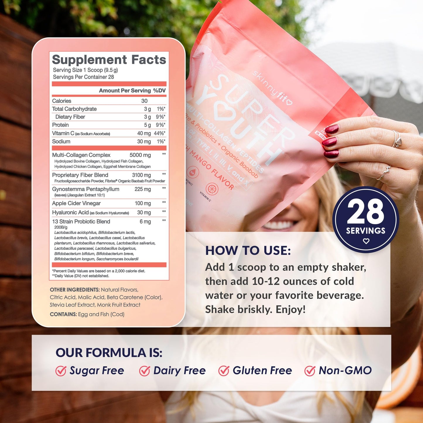 SkinnyFit Super Youth Collagen for Women - Peach Mango, 28 Servings | Multi-Collagen, Probiotics & Hyaluronic Acid