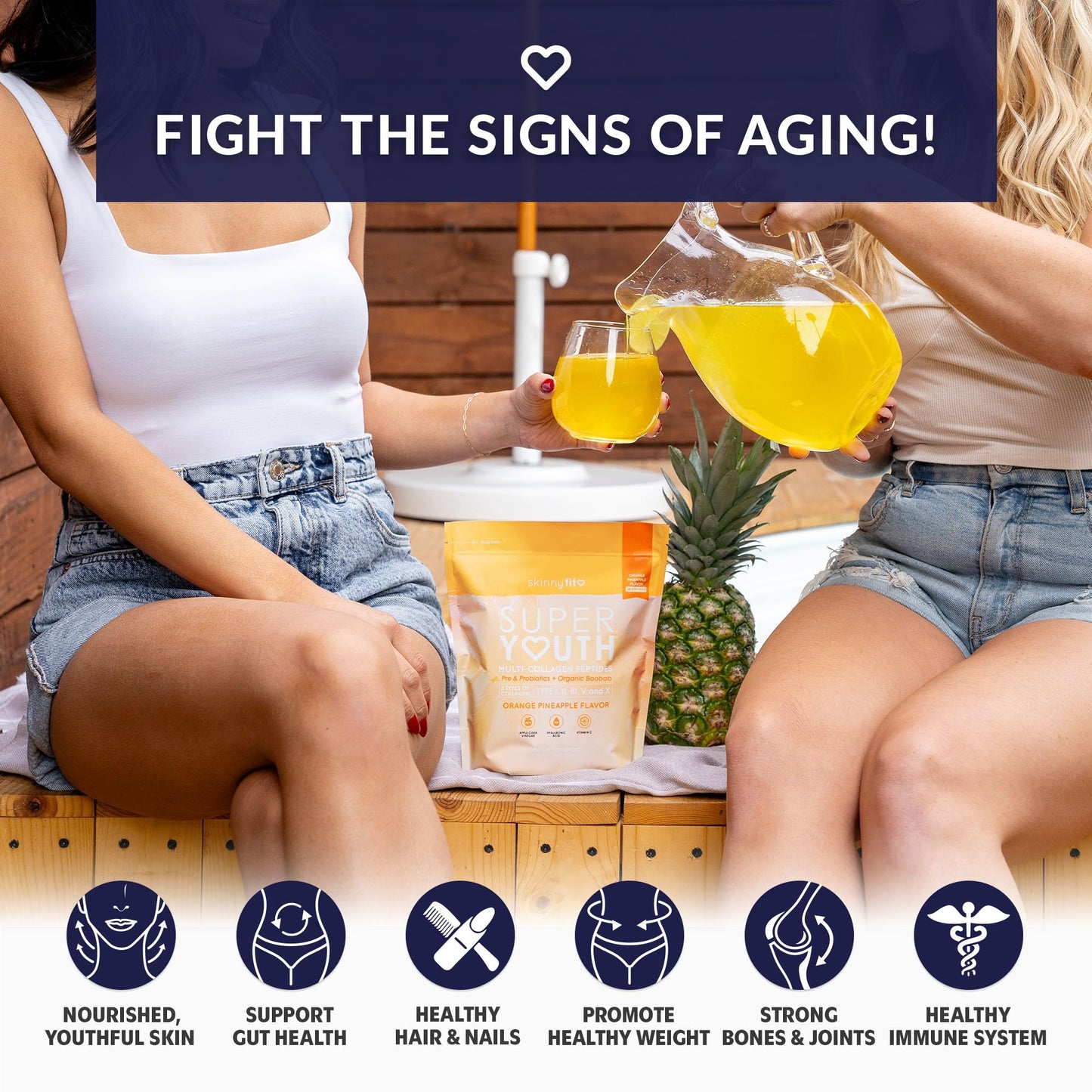 SkinnyFit Super Youth Collagen for Women - Multi-Collagen Peptides Powder with Probiotics, Fiber & Hyaluronic Acid | Orange Pineapple, 28 Servings