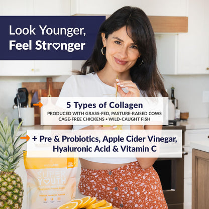 SkinnyFit Super Youth Collagen for Women - Multi-Collagen Peptides Powder with Probiotics, Fiber & Hyaluronic Acid | Orange Pineapple, 28 Servings