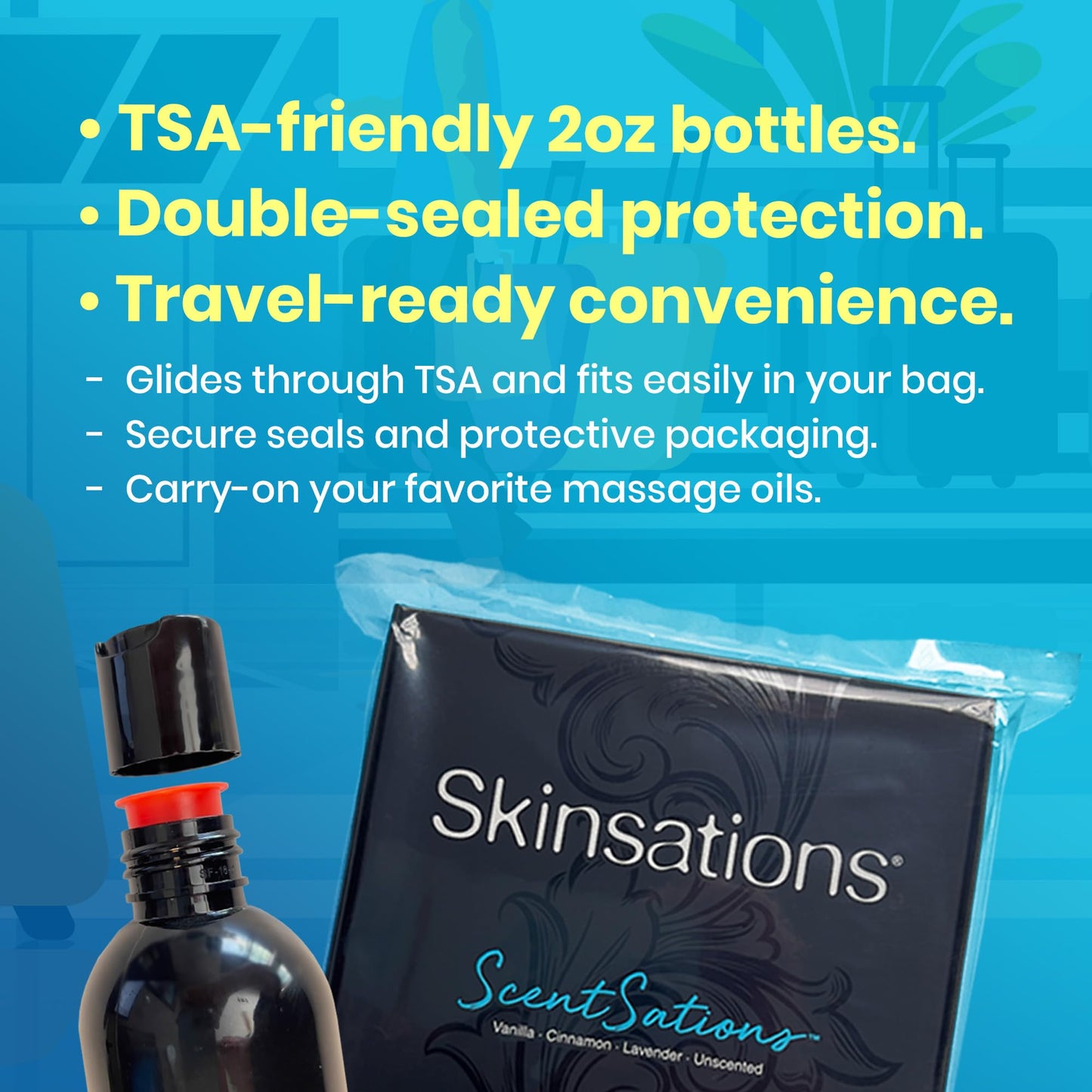 Skinsations Massage Oil Kit (Set of 4): Unscented, Vanilla, Cinnamon & Lavender - Travel Size