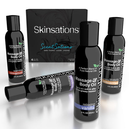 Skinsations Massage Oil Kit (Set of 4): Unscented, Vanilla, Cinnamon & Lavender - Travel Size