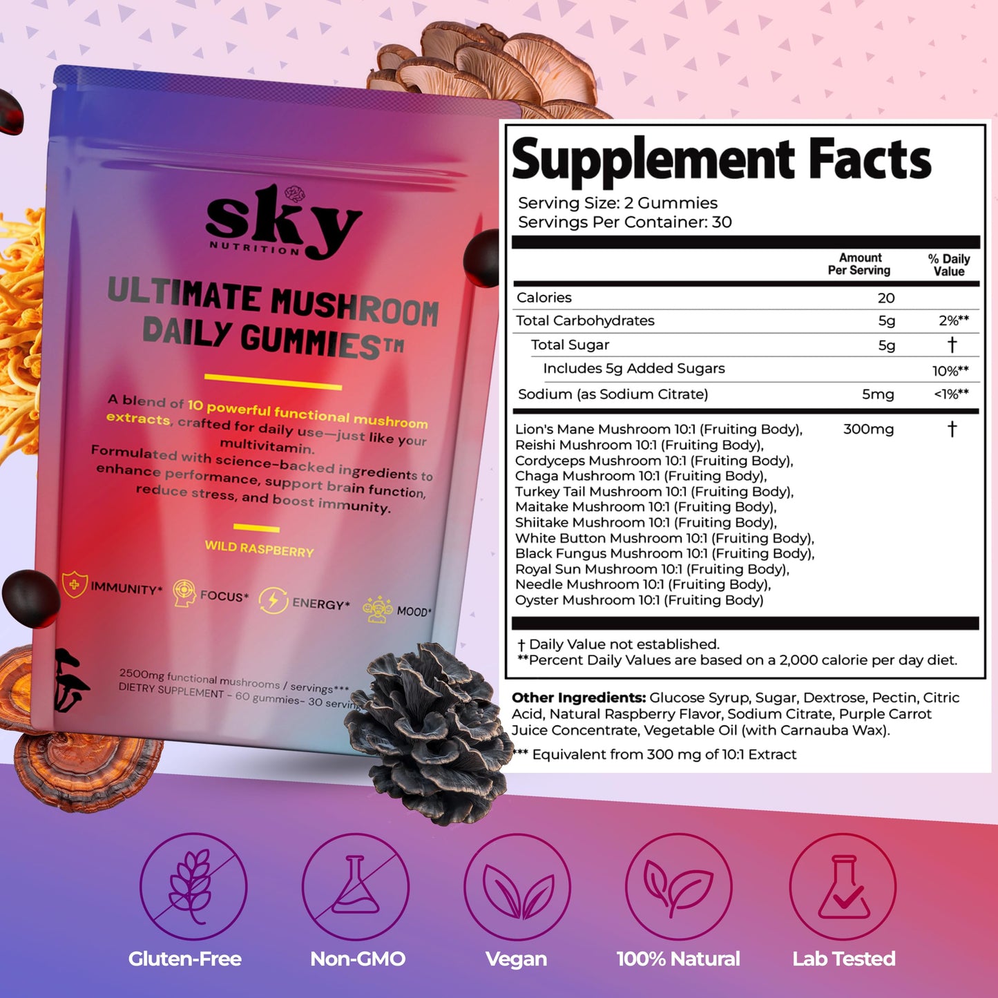 SKY NUTRITION Mushroom Gummies - 10-in-1 Focus & Brain Support, Raspberry Flavor, 60 Vegan Gummies
