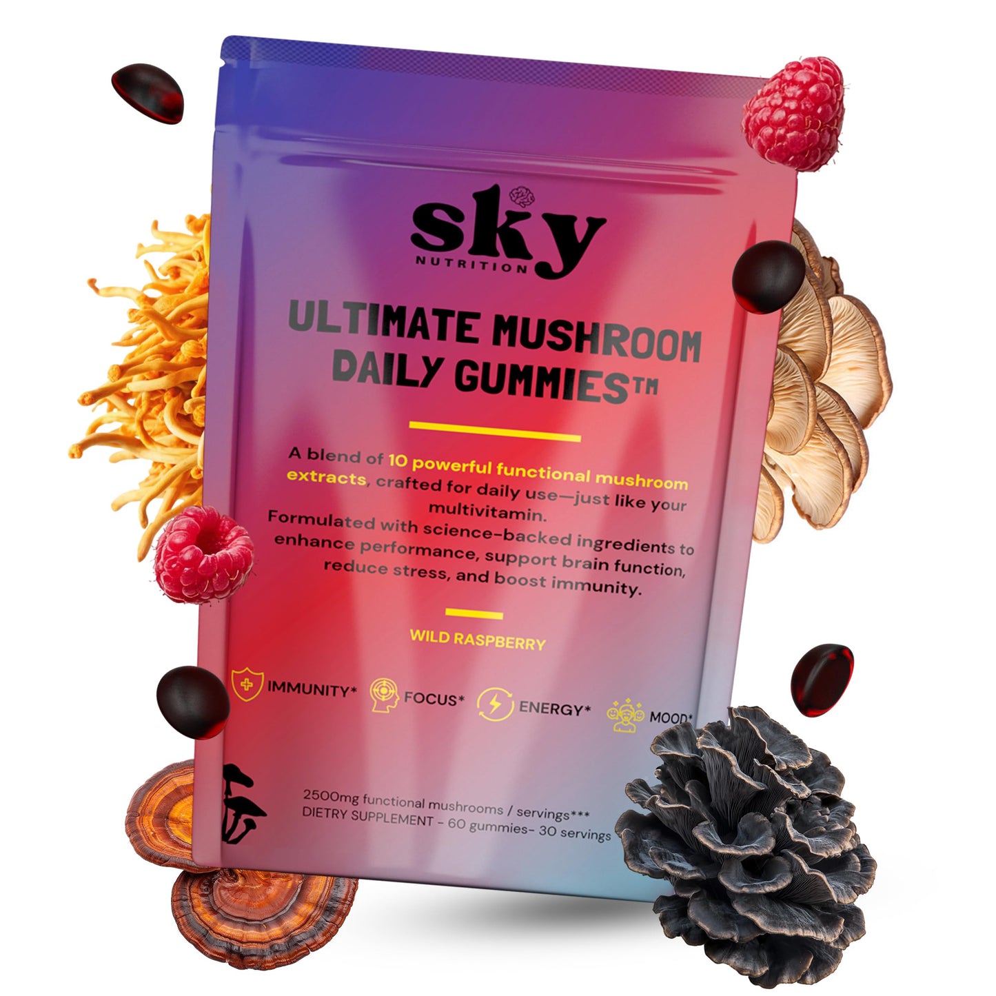 SKY NUTRITION Mushroom Gummies - 10-in-1 Focus & Brain Support, Raspberry Flavor, 60 Vegan Gummies